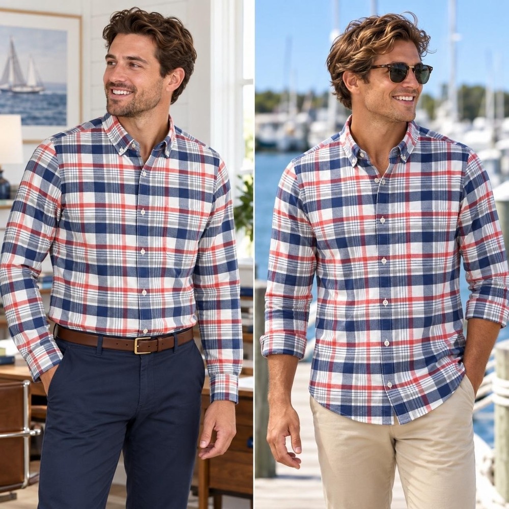 Vineyard Vines Slim Fit Murray Shirt Men's M Button Up Navy Red Plaid Stretch